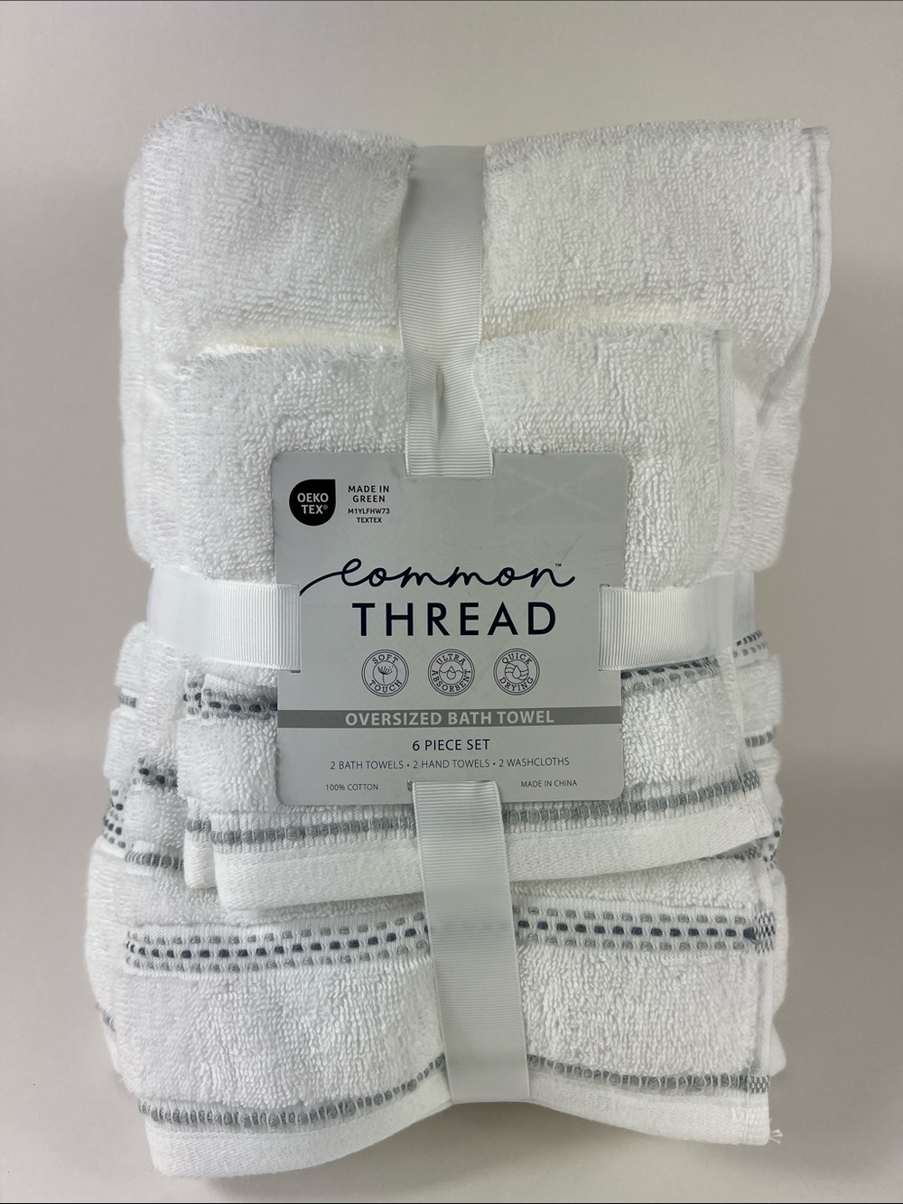 Common Thread Bath Towel Set White Gray Soft 100% Cotton 6 Piece Set NEW